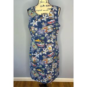 Women’s L Tropical Hula Tiki Hawaiian Postcard Vintage Shift Dress Blue